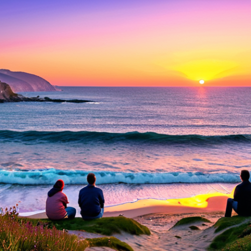 Home 7 Sunset Over the Ocean**
"A tranquil sunset over the ocean at Sunset Point, with soft orange, pink, and purple hues painting the sky, gentle waves lapping the shore, fully clothed people peacefully observing the scene. Safe for work, appropriate content, family-friendly, professional quality, perfect anatomy, natural proportions, vibrant colors, detailed landscape, modest attire."
**